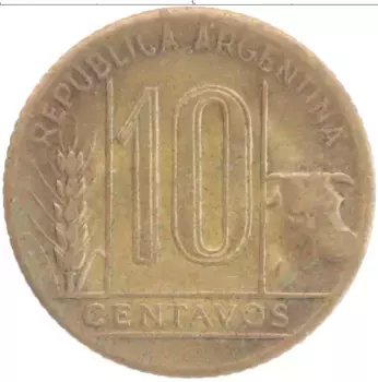 Монета 10 сентаво Аргентины 1947 года Бронза