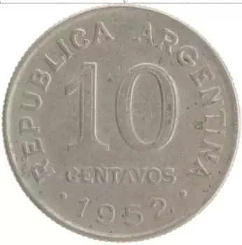 Монета 10 сентаво Аргентины 1952 года Медно-никель