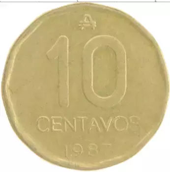 Монета 10 сентаво Аргентины 1987 года Латунь