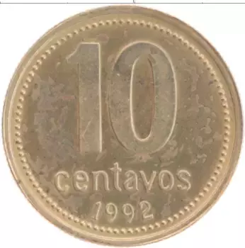 Монета 10 сентаво Аргентины 1992 года Латунь