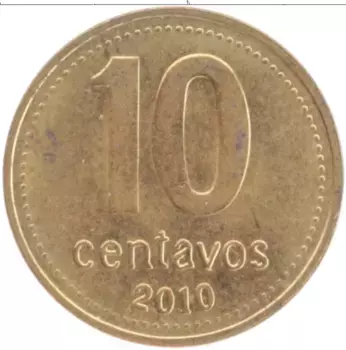 Монета 10 сентаво Аргентины 2010 года Латунь