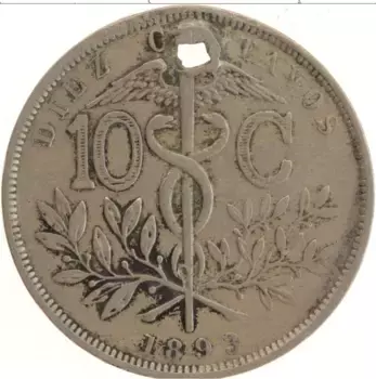 Монета 10 сентаво Боливии 1893 года Медно-никель Отверстие