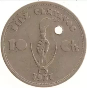 Монета 10 сентаво Боливии 1937 года Медно-никель Отверстие