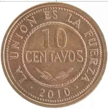 Монета 10 сентаво Боливии 2010 года Медь