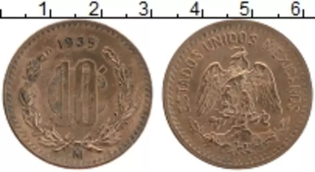 Монета 10 сентаво Мексики 1935 года Бронза