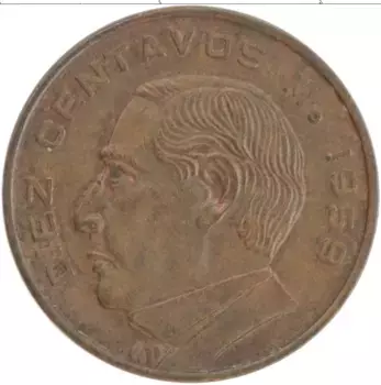 Монета 10 сентаво Мексики 1959 года Бронза Бенито Хуарес