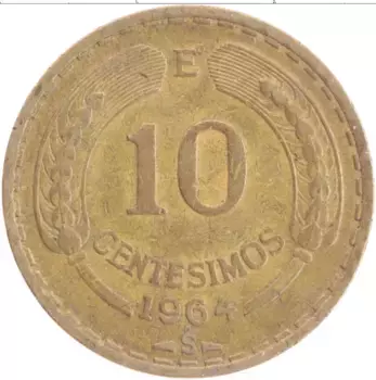 Монета 10 сентесим Чили 1964 года Латунь