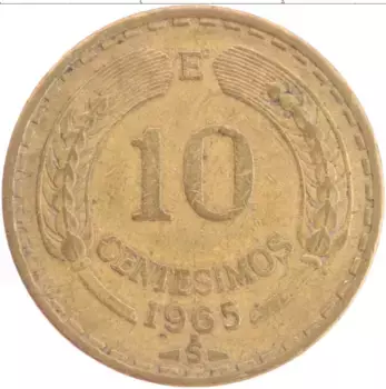 Монета 10 сентесим Чили 1965 года Латунь