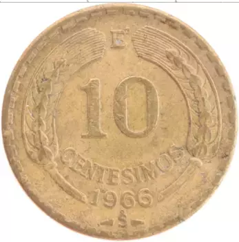 Монета 10 сентесим Чили 1966 года Латунь