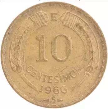Монета 10 сентесим Чили 1966 года Латунь