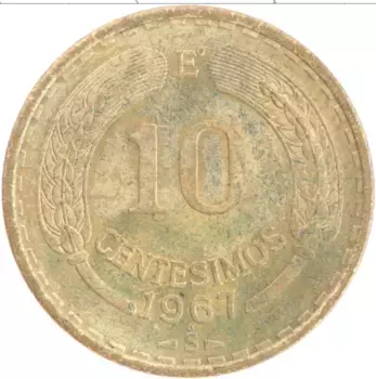 Монета 10 сентесим Чили 1967 года Бронза