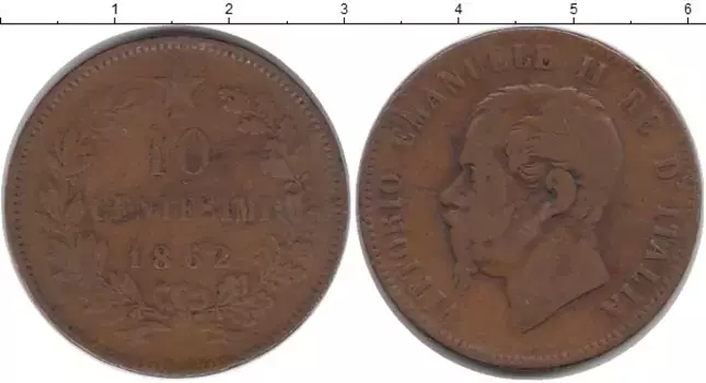Монета 10 сентесим Италии 1862 года Бронза Витторио Имануил II