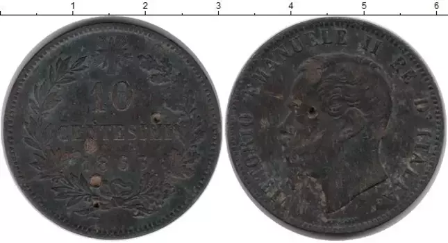 Монета 10 сентесим Италии 1863 года Бронза Витторио Имануил II
