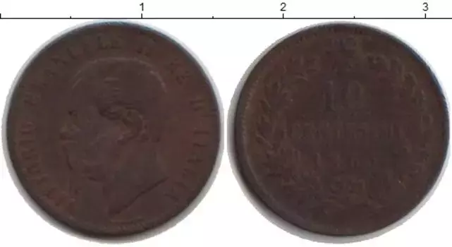 Монета 10 сентесим Италии 1865 года Медь Витторио Имануил II