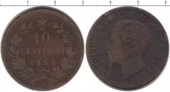 Монета 10 сентесим Италии 1866 года Бронза Витторио Имануил II