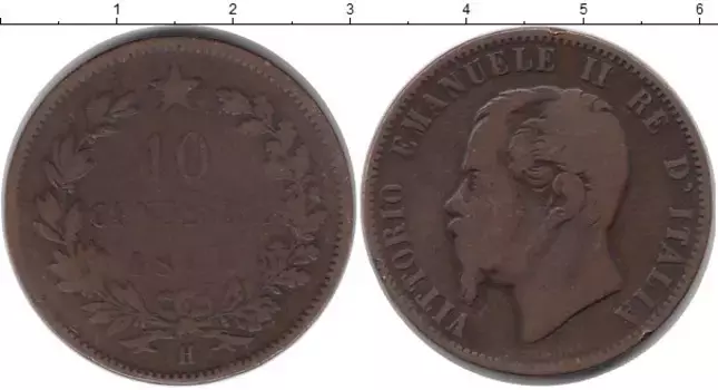 Монета 10 сентесим Италии 1866 года Бронза Витторио Имануил II