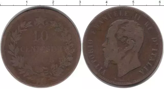 Монета 10 сентесим Италии 1866 года Бронза Витторио Имануил II