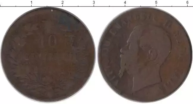 Монета 10 сентесим Италии 1866 года Бронза Виктор Эммануил II