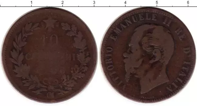 Монета 10 сентесим Италии 1866 года Медь Виктор Эммануил II