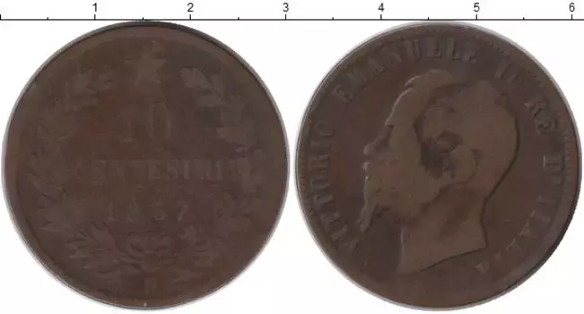 Монета 10 сентесим Италии 1867 года Бронза Виктор Эммануил II