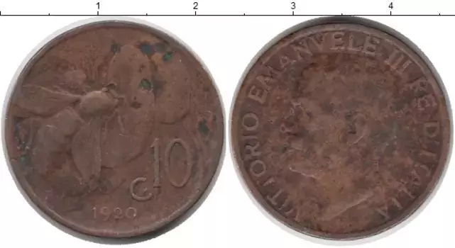 Монета 10 сентесим Италии 1920 года Бронза Пчела, Виктор Эммануил III