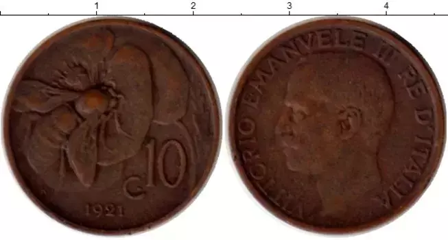 Монета 10 сентесим Италии 1921 года Медь Пчела,Виктор Эммануил III
