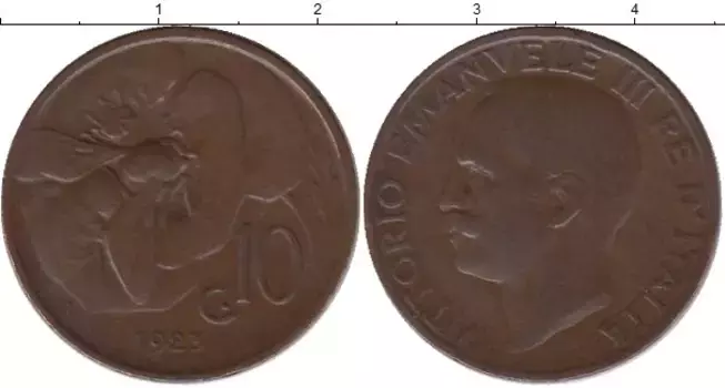 Монета 10 сентесим Италии 1923 года Медь Виктор Эммануил III
