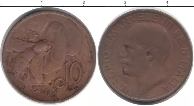 Монета 10 сентесим Италии 1924 года Бронза Пчела, Виктор Эммануил III