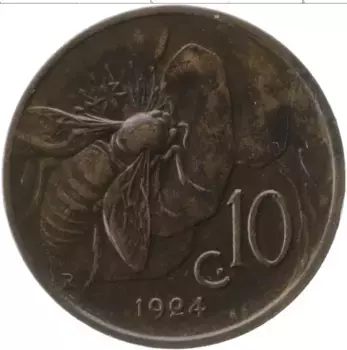 Монета 10 сентесим Италии 1924 года Бронза Витторио Эммануил III