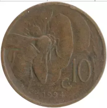 Монета 10 сентесим Италии 1924 года Медь Пчела,Виктор Эммануил III
