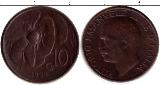Монета 10 сентесим Италии 1929 года Бронза Пчела,Виктор Эммануил III