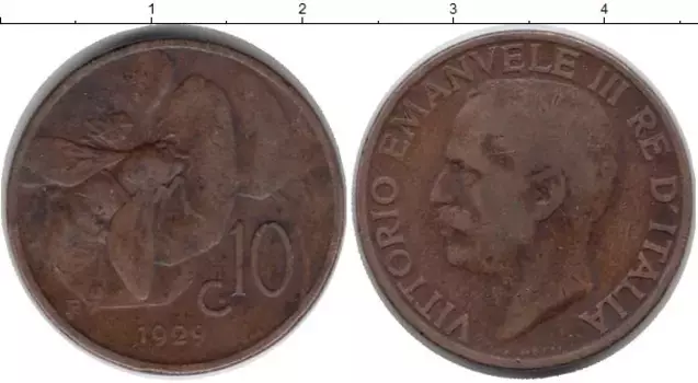 Монета 10 сентесим Италии 1929 года Бронза Пчела, Виктор Эммануил III