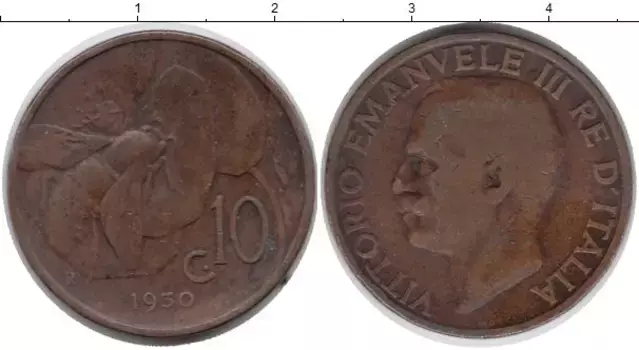 Монета 10 сентесим Италии 1930 года Бронза Пчела, Виктор Эммануил III