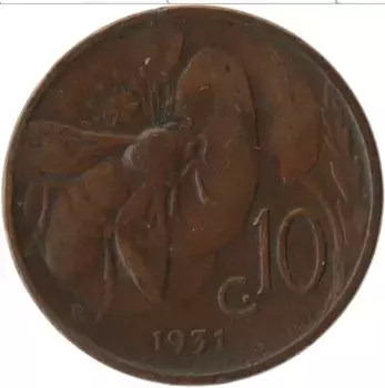 Монета 10 сентесим Италии 1931 года Бронза Витторио Эммануил III