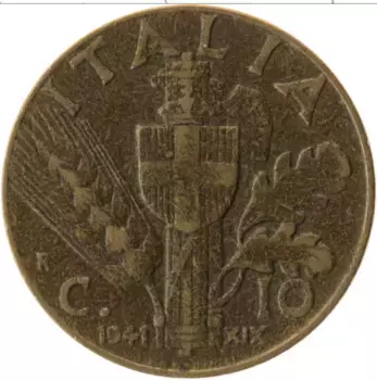 Монета 10 сентесим Италии 1941 года Латунь Витторио Эммануил III