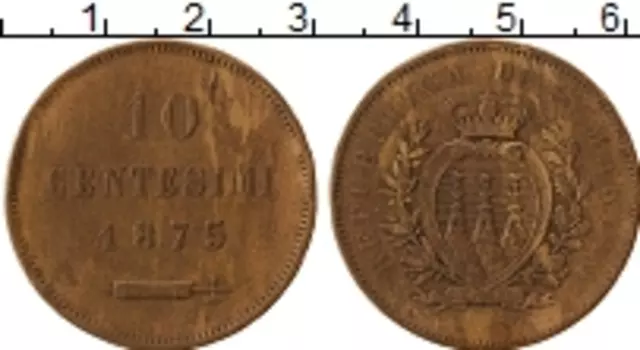 Монета 10 сентесим Сан-Марино 1875 года Бронза