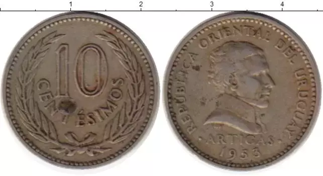 Монета 10 сентесим Уругвая 1953 года Медно-никель Артигас