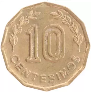 Монета 10 сентесим Уругвая 1976 года Латунь
