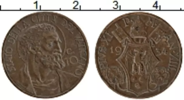Монета 10 сентесим Ватикана 1934 года Медь Пий XI