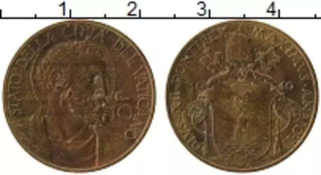 Монета 10 сентесим Ватикана 1940 года Латунь Пий XII