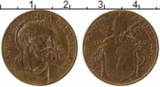 Монета 10 сентесим Ватикана 1940 года Латунь Пий XII