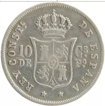 Монета 10 сентим Филиппин 1885 года Серебро Испанские колонии