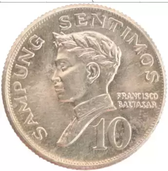 Монета 10 сентим Филиппин 1967 года Медно-никель Франциско Балтасар