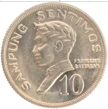 Монета 10 сентим Филиппин 1971 года Медно-никель Франциско Балтасар