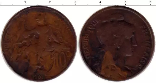 Монета 10 сентим Франции 1901 года Бронза KM#843