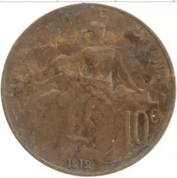 Монета 10 сентим Франции 1912 года Бронза