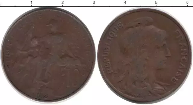 Монета 10 сентим Франции 1913 года Медь Свобода