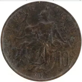 Монета 10 сентим Франции 1917 года Бронза