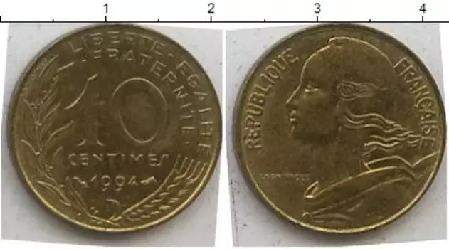 Монета 10 сентим Франции 1988 года Латунь