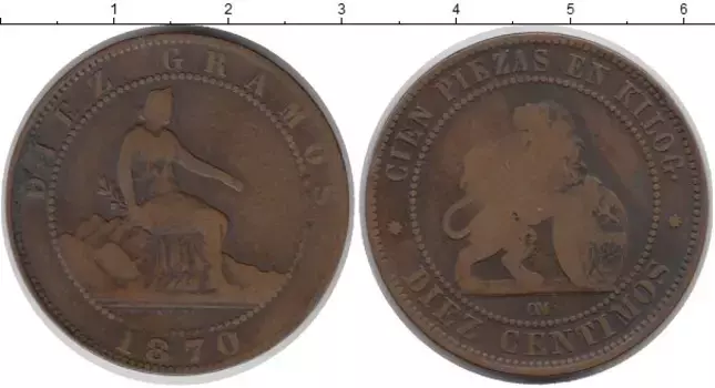 Монета 10 сентим Испании 1870 года Медь Временное правительство